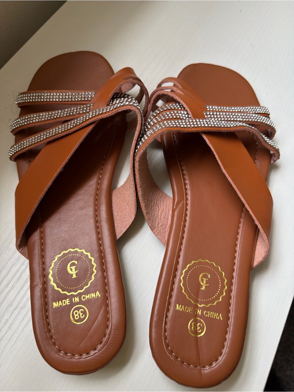 Women’s Brown Rhinestone Slide Sandals